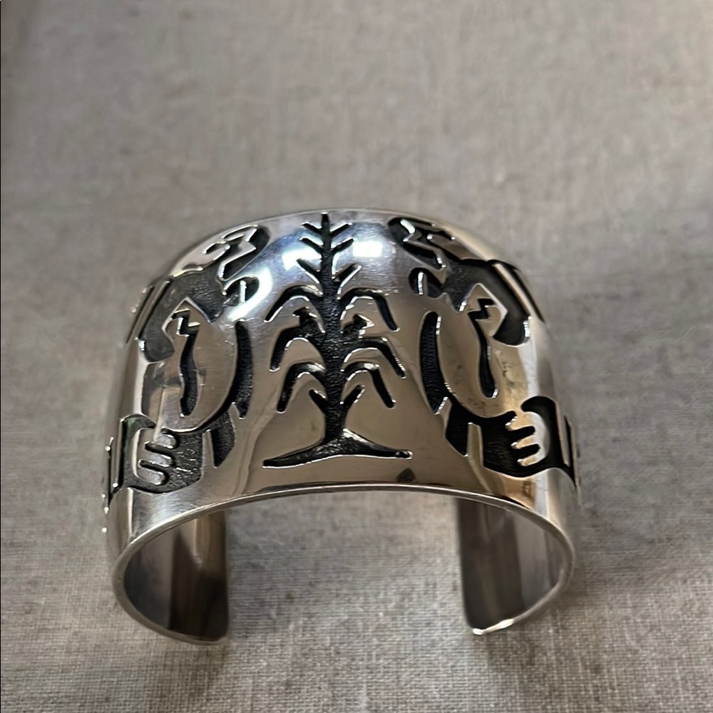 Signed Sterling Silver Bracelet; Native American Corn Stalk & Snake Designs
